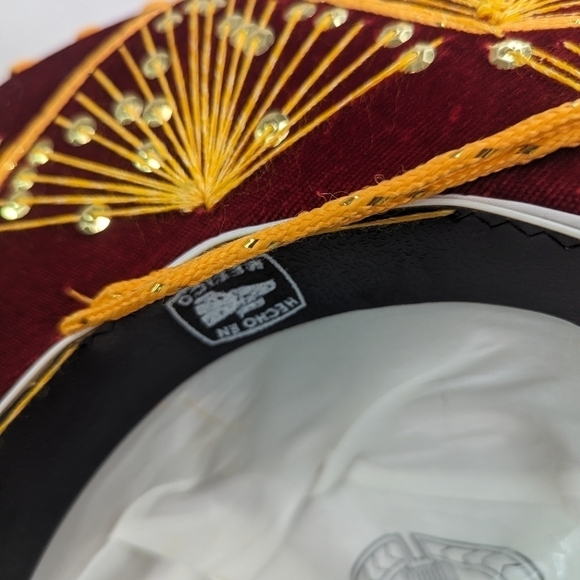 Vintage Pigalle Sombrero Mexican Hat Red Gold Sequin Velvet Yellow - Picture 11 of 13